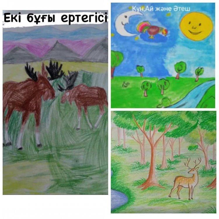 Гимназияішілік "Балауса" демалыс лагеріндегі "Ертегілер еліне саяхат" тақырыбында сурет көрмесі