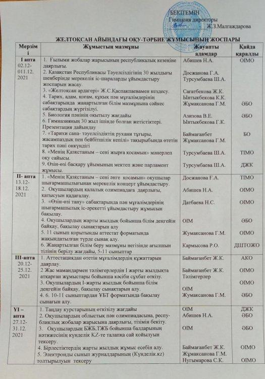 Желтоқсан айындағы оқу-тәрбие жұмысының жоспары