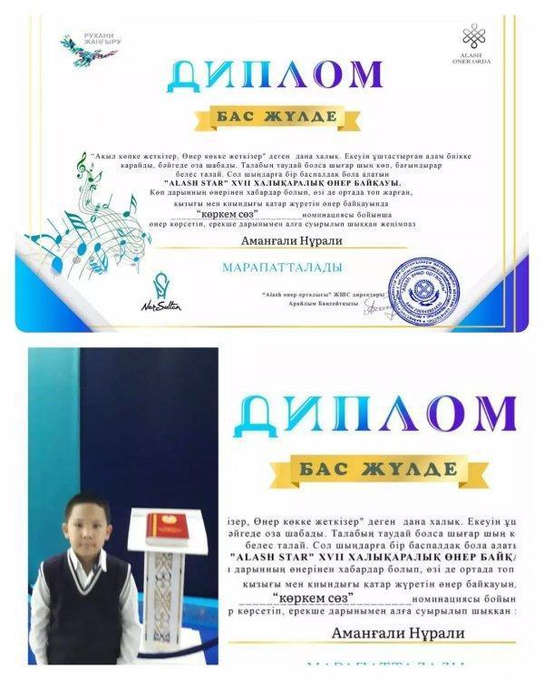 3 "В" сынып оқушысы Аманғали Нұрали "ALASH STAR" халықаралық өнер байқауында "Көркем сөз" номинациясы бойынша Бас жүлдеге ие болып, қантар айында Нұр-Сұлтан қаласында өтетін қорытынды концертке жолдама алды.