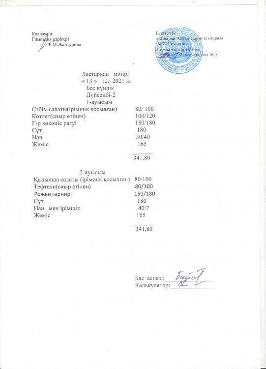 Әлеуметтік көмек алатын балардың бір апталық дастархан мәзірі