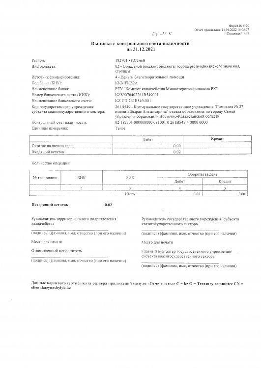 Выписка с контрольного счета наличности на 31.12.2021