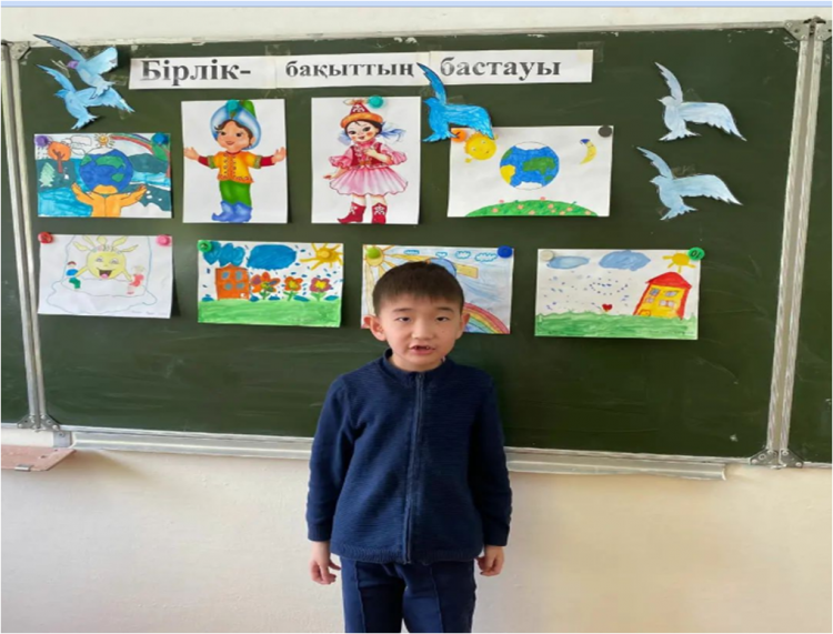 "1 мамыр- Қазақстан халқының бірлігі күні" мерекесіне арналған 1 "В" сыныбындағы сынып сағаты. Сынып жетекшісі: Чегебаева Ү.Қ.