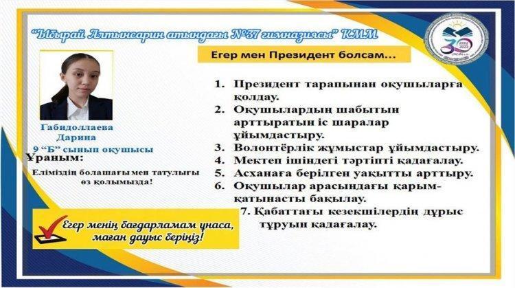 Мектеп Парламенті Президентіне үміткер ⚜️ Габидоллаева Дарина 9 «Б» сынып оқушысы