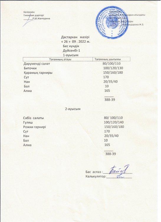 Әлеуметтік көмек алатын балардың бір апталық дастархан мәзірі