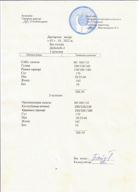 Әлеуметтік көмек алатын балардың бір апталық дастархан мәзірі