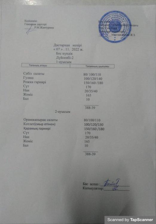Әлеуметтік көмек алатын балардың бір апталық дастархан мәзірі