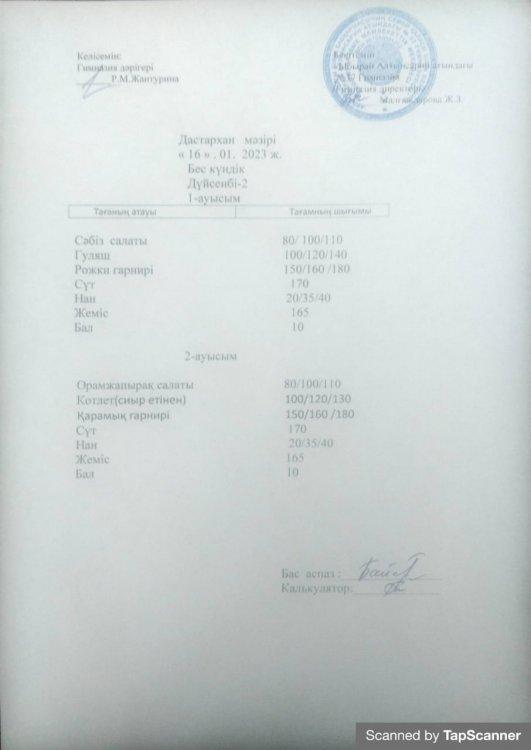 Әлеуметтік көмек алатын балардың бір апталық дастархан мәзірі