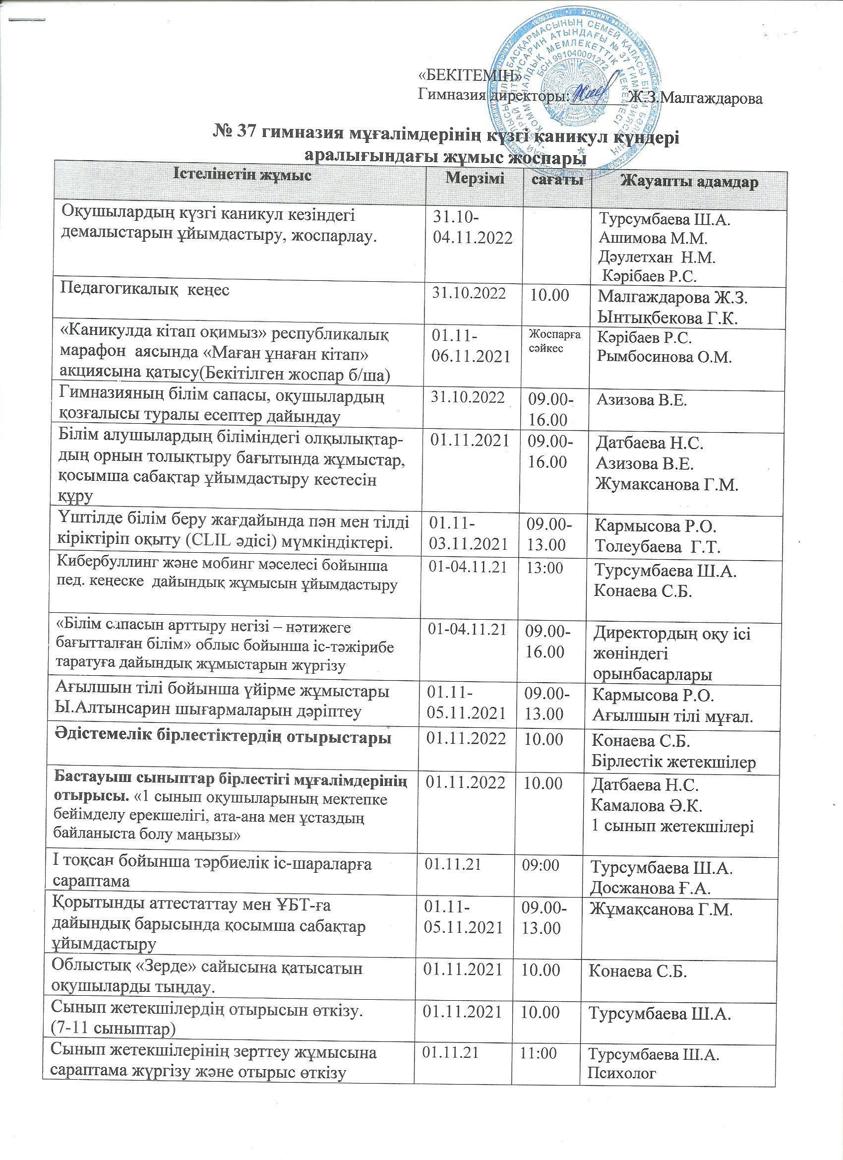 №37 гимназия мұғалімдерінің күзгі каникул күндері аралығындағы жұмыс жоспары