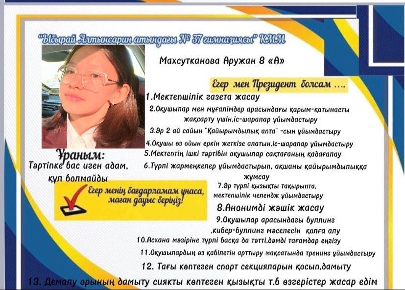 Максутканова Аружан 8 «А» сынып оқушысы Мектеп Парламенті Президентіне үміткер