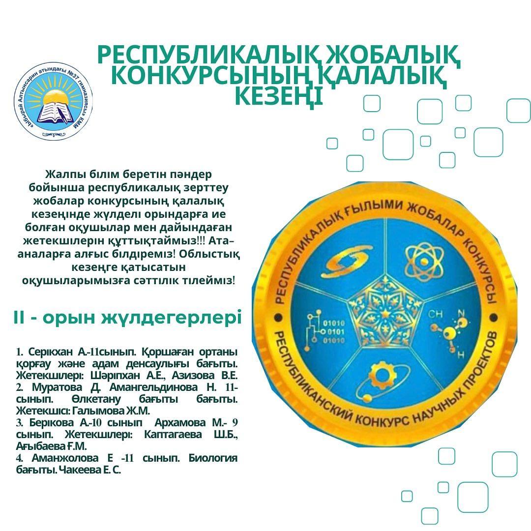 Жалпы білім беретін пәндер бойынша республикалық зерттеу жобалар конкурсының қалалық кезеңінде жүлделі орындарға ие болған оқушылар мен дайындаған жетекшілерін құттықтаймыз!!!