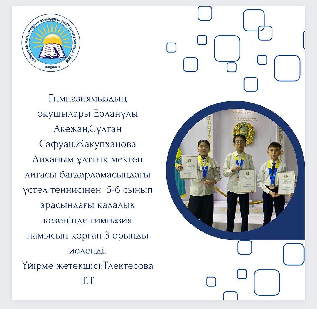 Гимназиямыздың оқушылары Ерланұлы Акежан, Сұлтан Сафуан, Жакупханова Айханым ұлттық мектеп лигасы бағдарламасындағы үстел теннисінен 5-6 сынып арасындағы қалалық кезеңінде гимназия намысын қорғап 3 орынды иеленді.