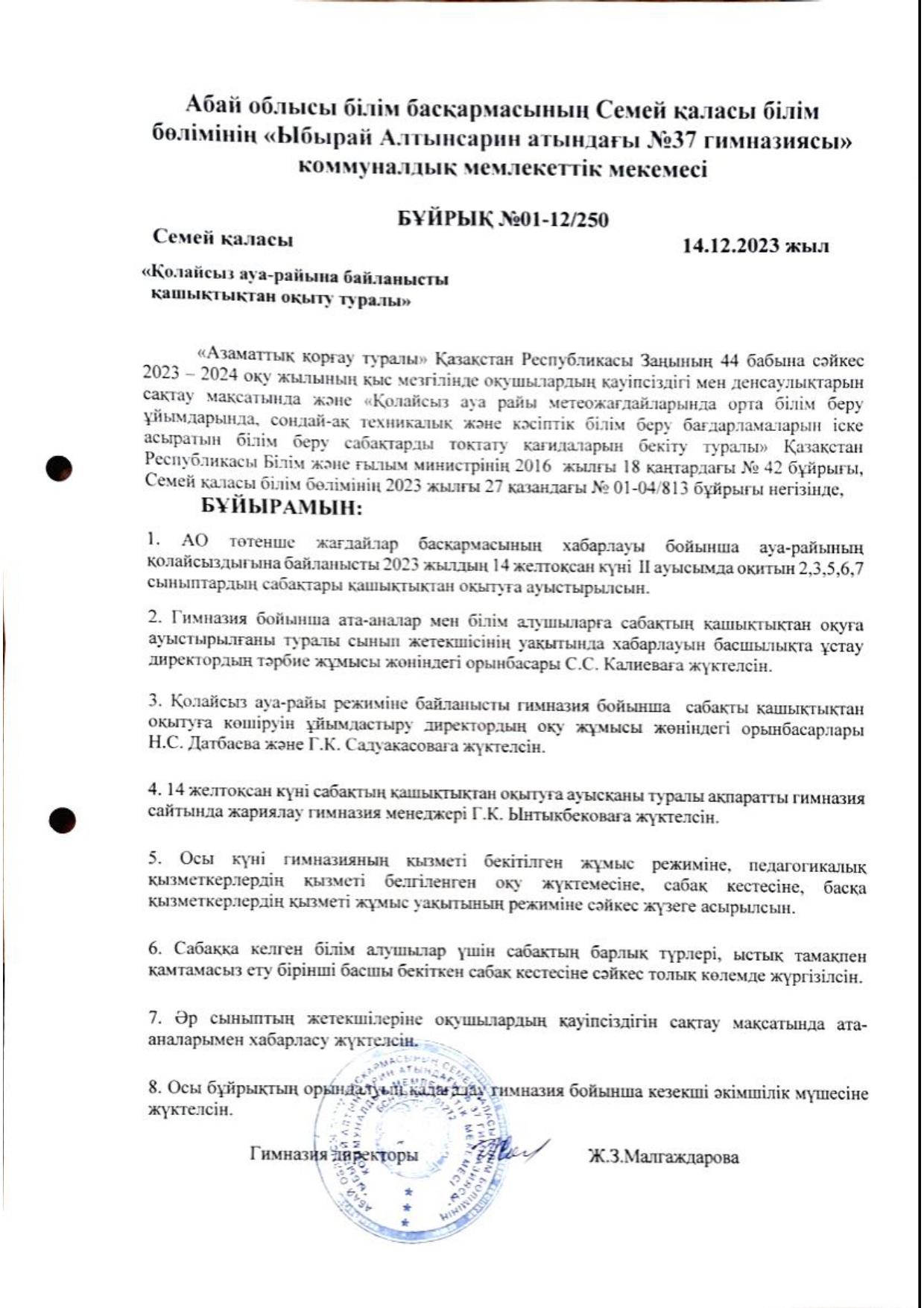 Қолайсыз ауа-райына байланысты қашықтықтан оқыту туралы бұйрық