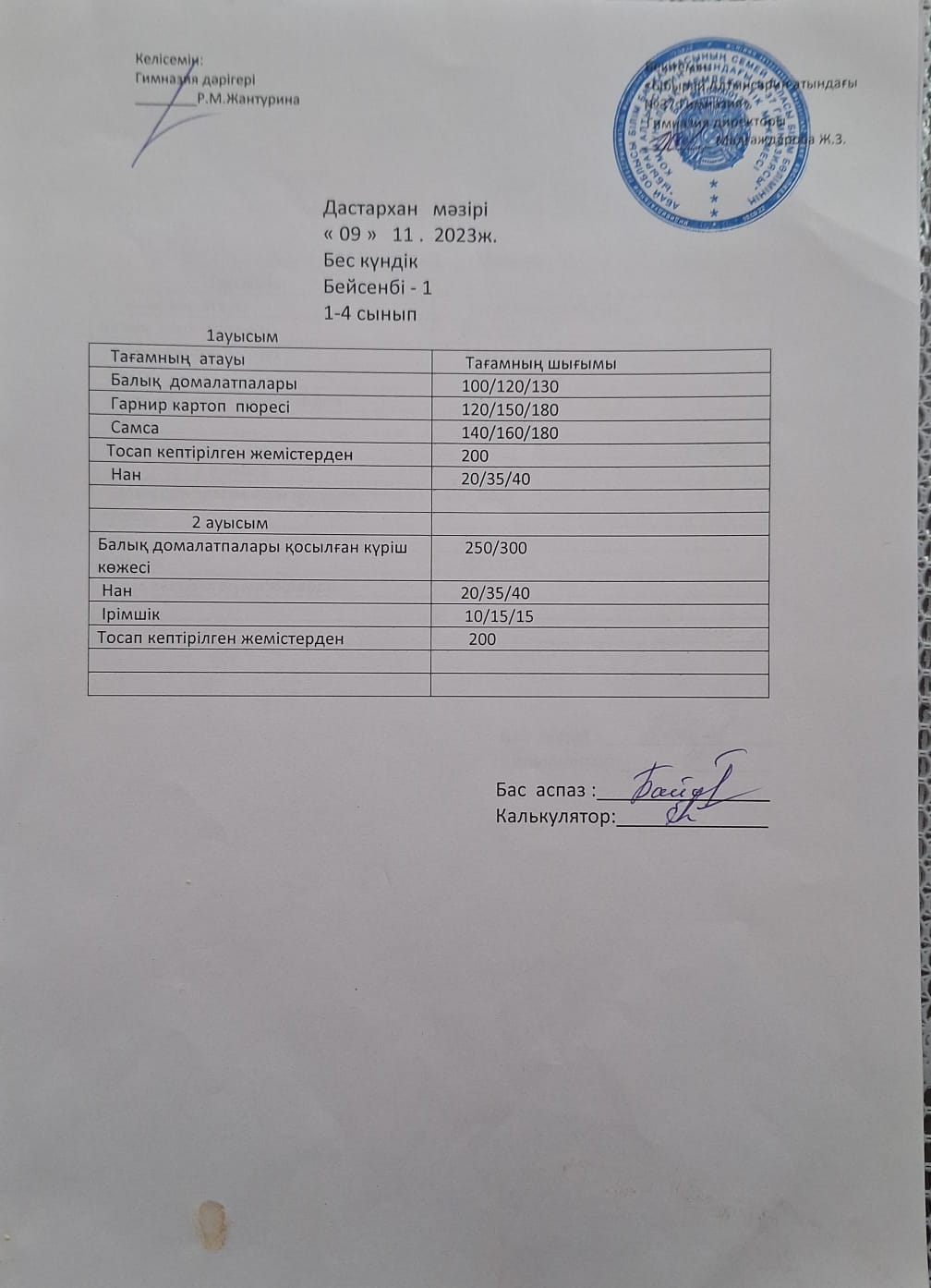 1-4 сынып оқушыларының және әлеуметтік аз қамтылған отбасынан шыққан оқушылардың тегін тамақтану мәзірі.