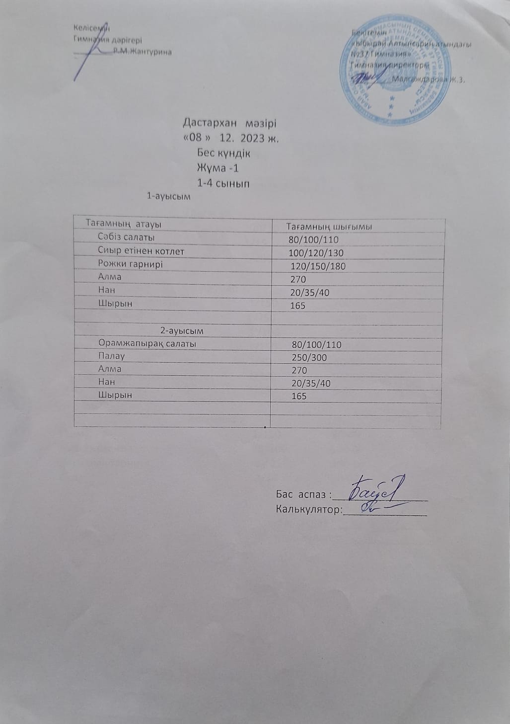 1-4 сынып оқушыларының және әлеуметтік аз қамтылған отбасынан шыққан оқушылардың тегін тамақтану мәзірі.