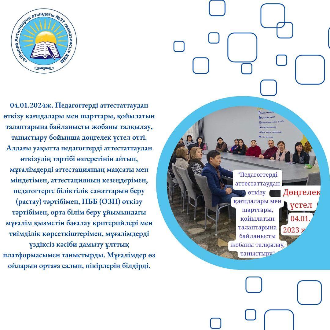 04.01.2024ж. Педагогтерді аттестаттаудан өткізу қағидалары мен шарттары, қойылатын талаптарына байланысты жобаны талқылау, таныстыру бойынша дөңгелек үстел өтті.