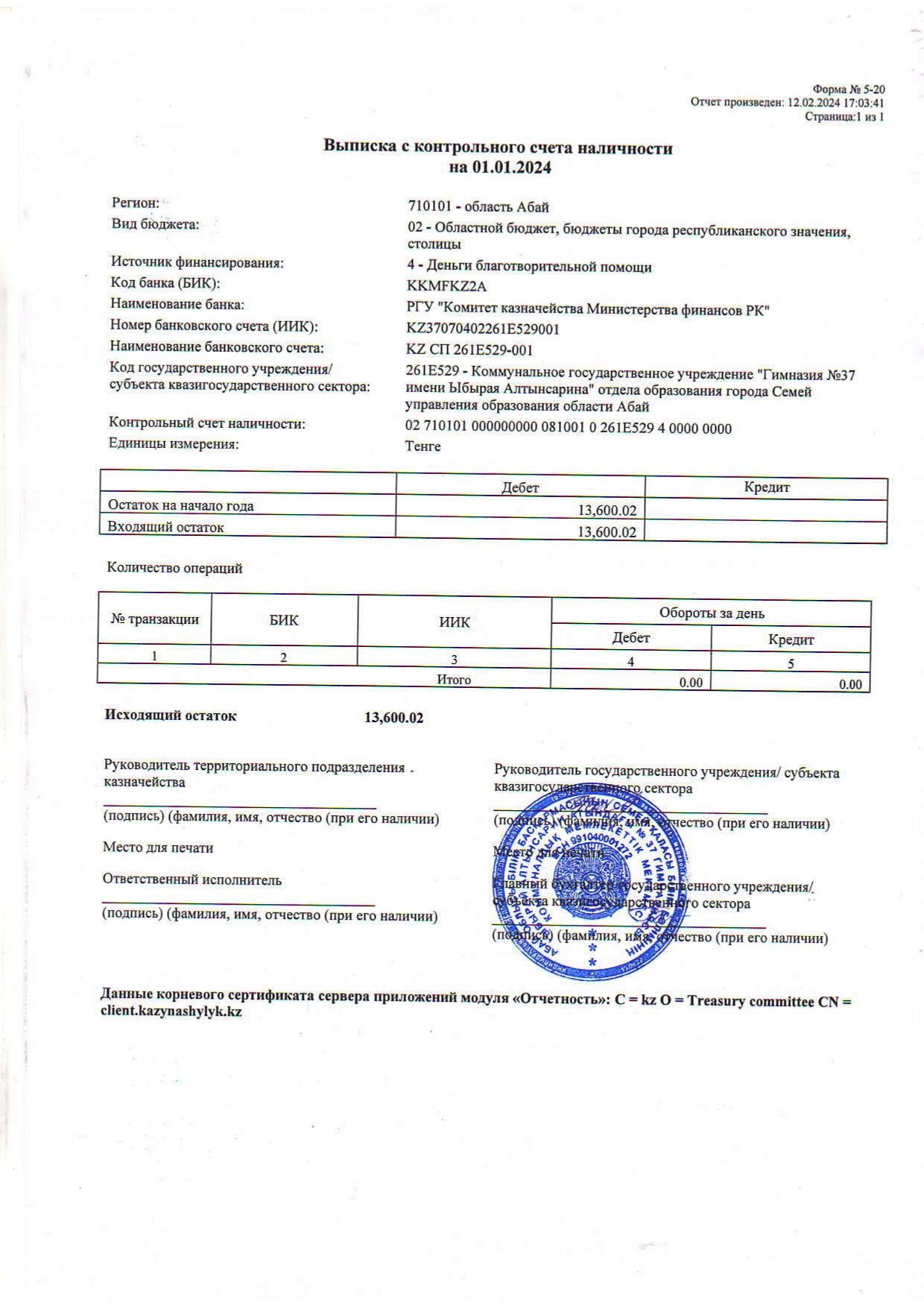 Выписка с контрольного счета наличности на 01.01.2024