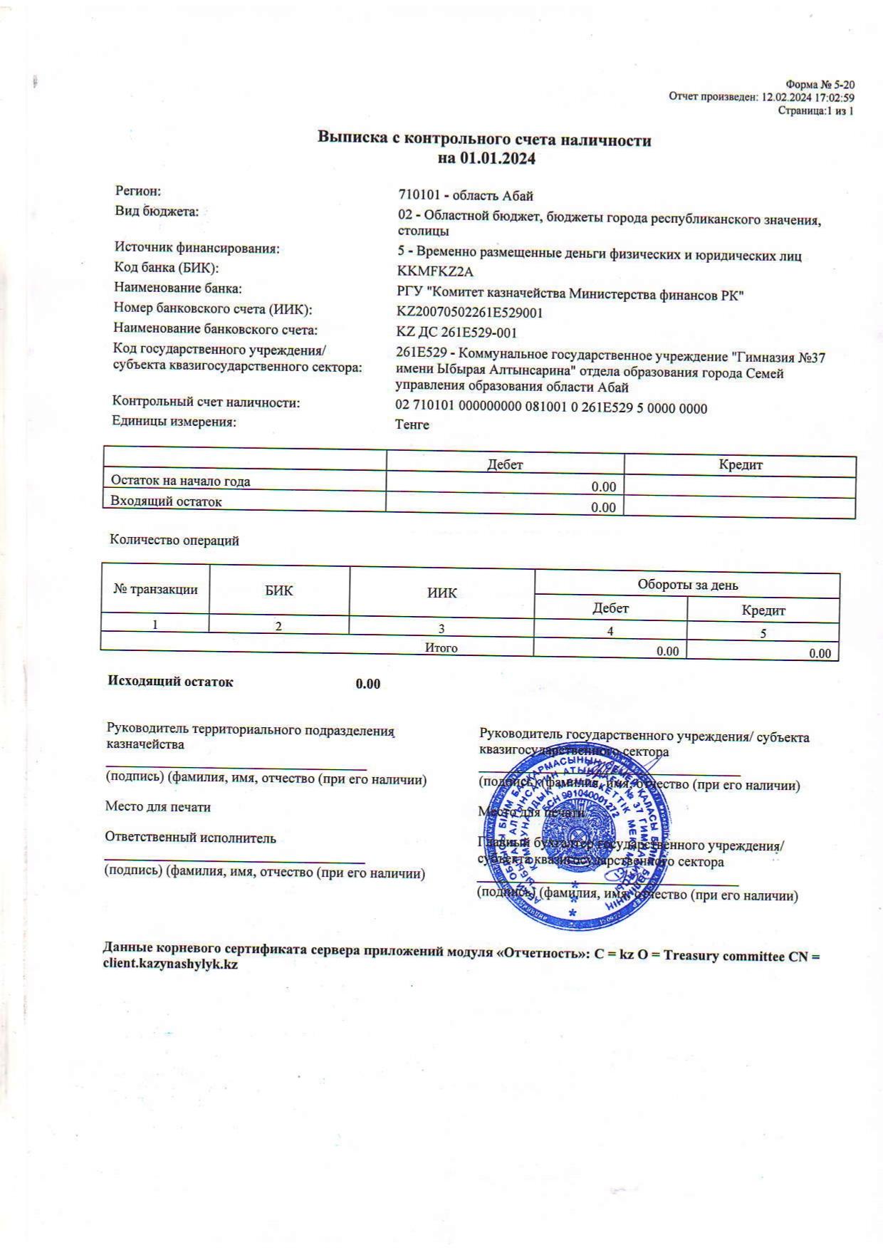 Выписка с контрольного счета наличности на 01.01.2024