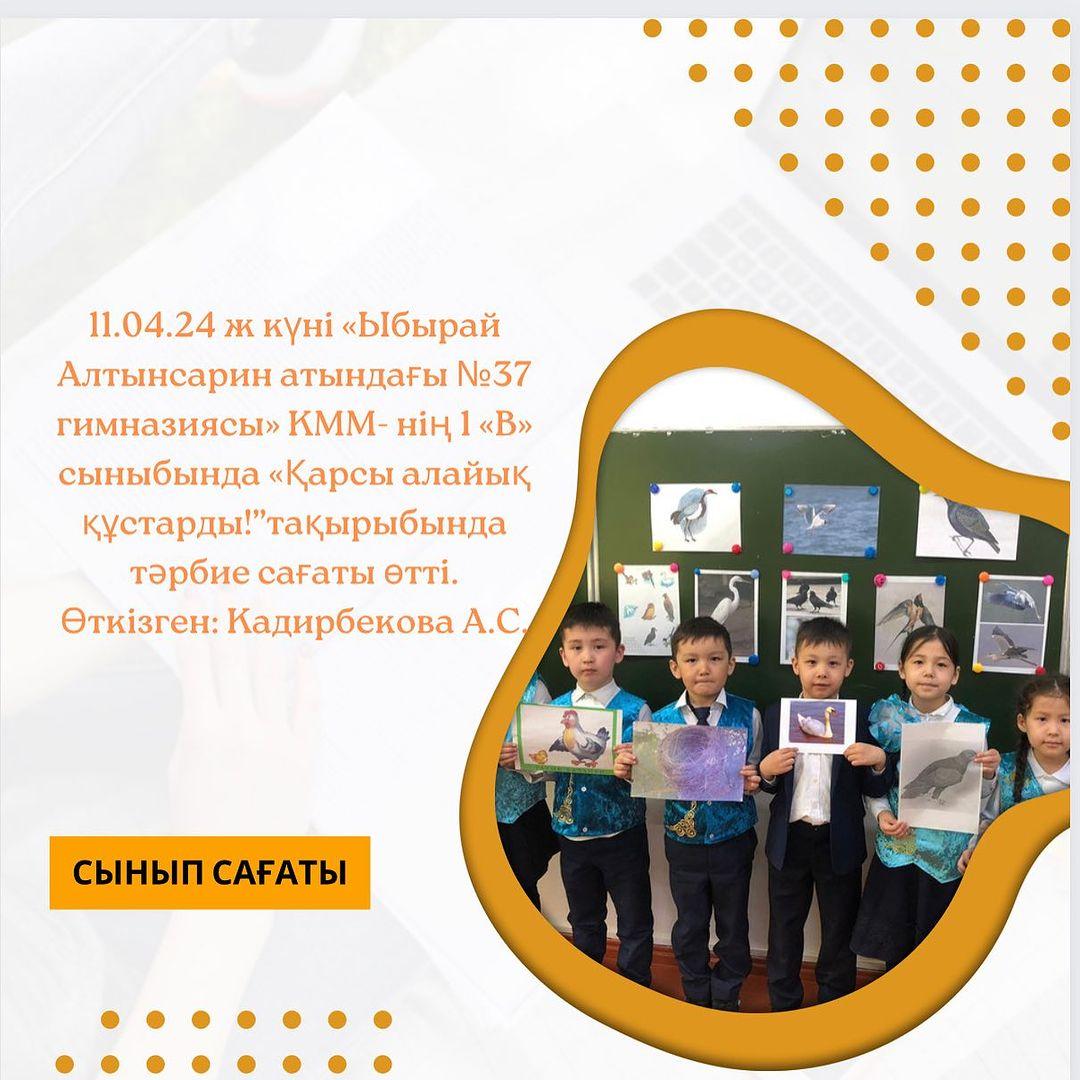 11.04.24 ж күні «Ыбырай Алтынсарин атындағы №37 гимназиясы» КММ- нің 1 «В» сыныбында «Қарсы алайық құстарды!”тақырыбында тәрбие сағаты өтті. Өткізген: Кадирбекова А.С.