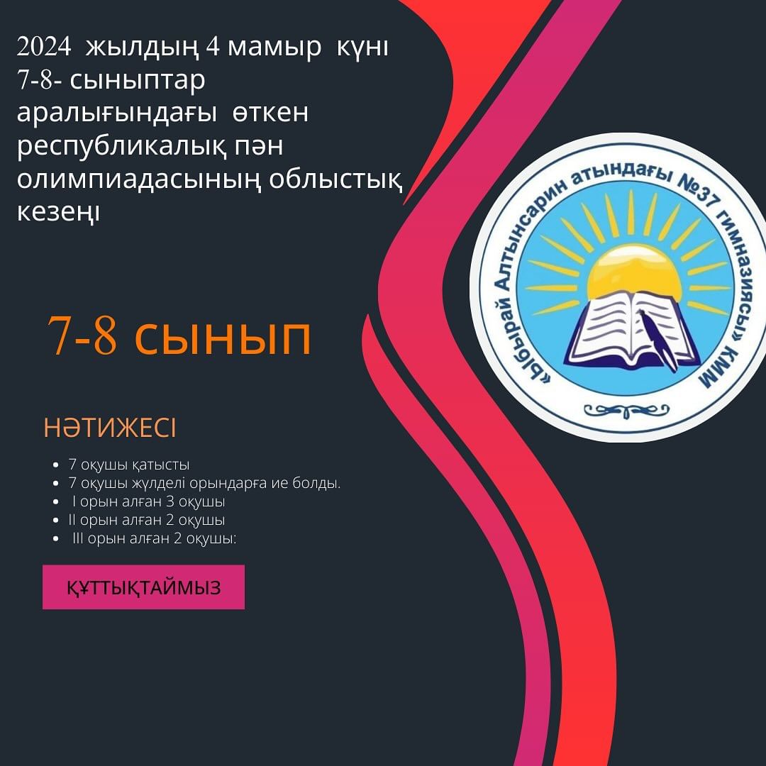 2024 жылдың 4 мамыр күні 7-8- сыныптар аралығындағы өткен республикалық пән олимпиадасының облыстық кезеңінің қорытындысы бойынша
