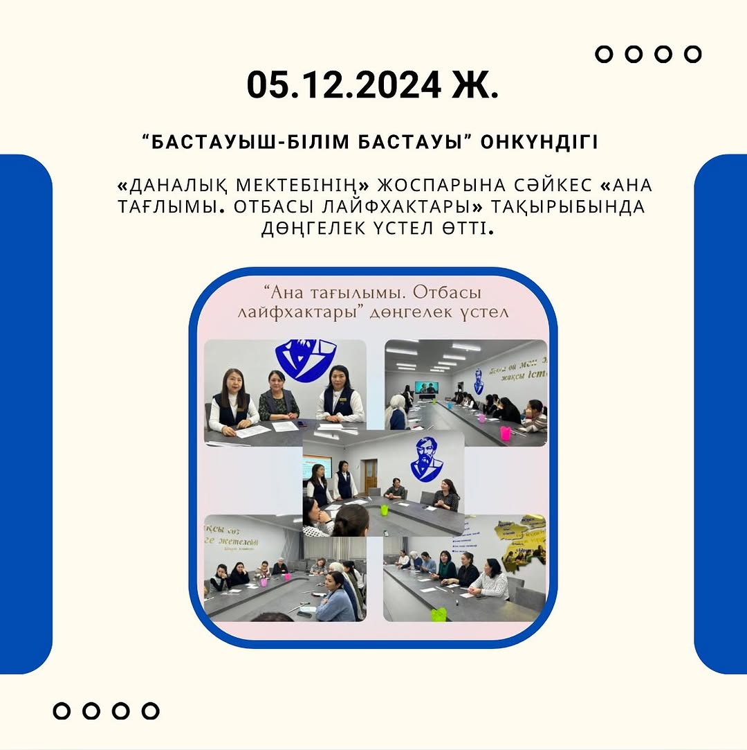 05.12.24 ж күні «Ыбырай Алтынсарин атындағы №37 гимназиясы» КММ- де бастауыш сынып бірлестігінің онкүндігі аясында «Даналық мектебінің» жоспарына сәйкес «Ана тағлымы.