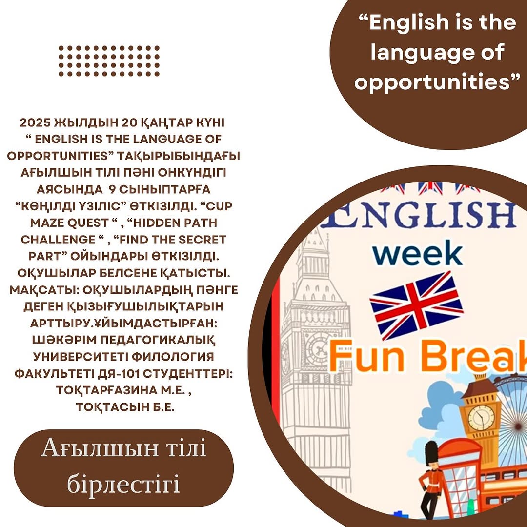 2025 жылдын 20 қаңтар күні “ English is the language of opportunities” тақырыбындағы ағылшын тілі пәні онкүндігі аясында