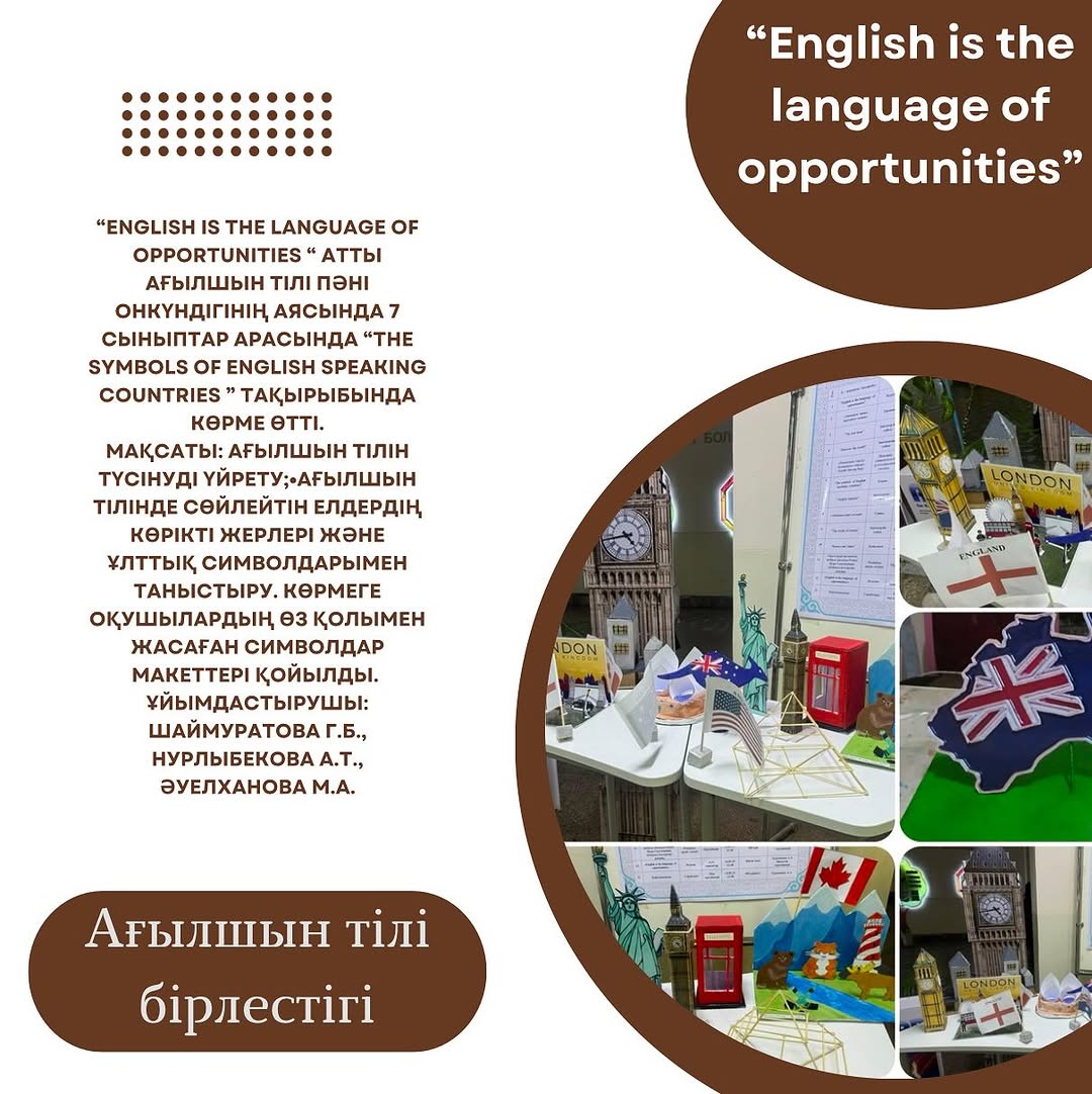“English is the language of opportunities “ атты ағылшын тілі пәні онкүндігінің аясында 7 сыныптар арасында “The symbols of English speaking countries ” тақырыбында көрме өтті.