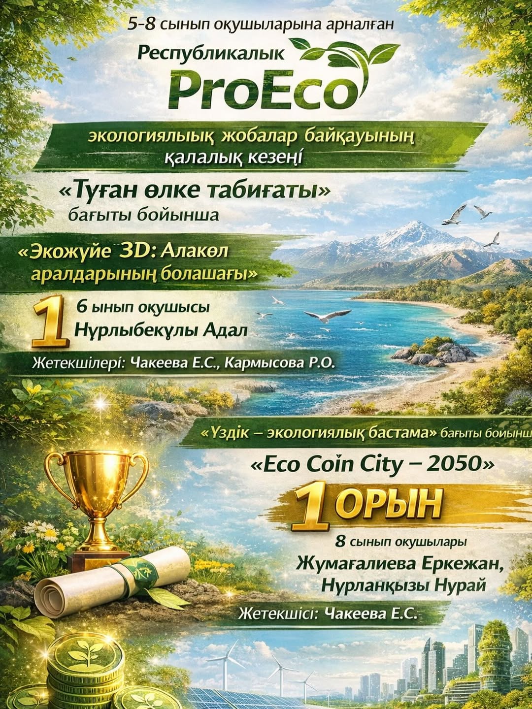 🔰5-8 сынып оқушыларына арналған Республикалық «ПроЭко» экологиялық жобалар байқауының қалалық кезеңинде «Туған өлке табиғаты» бағыты бойынша «Экожүйе 3D: Алакөл аралдарының болашағы»