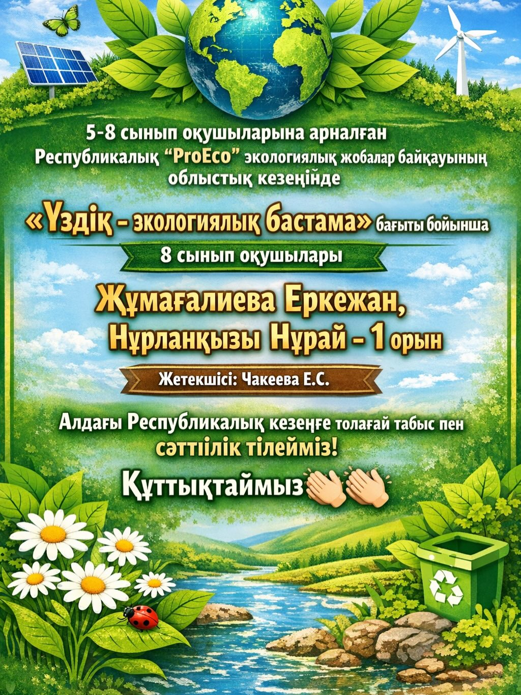 5-8 сынып оқушыларына арналған Республикалық «ПроЭко» экологиялық жобалар байқауының облыстық кезеңинде «Үздік – экологиялық бастама» бағыты бойынша 8 цынып оқушылары Жұмағалиева Еркежан, Нұрланқызы Нұрай - 1орын.